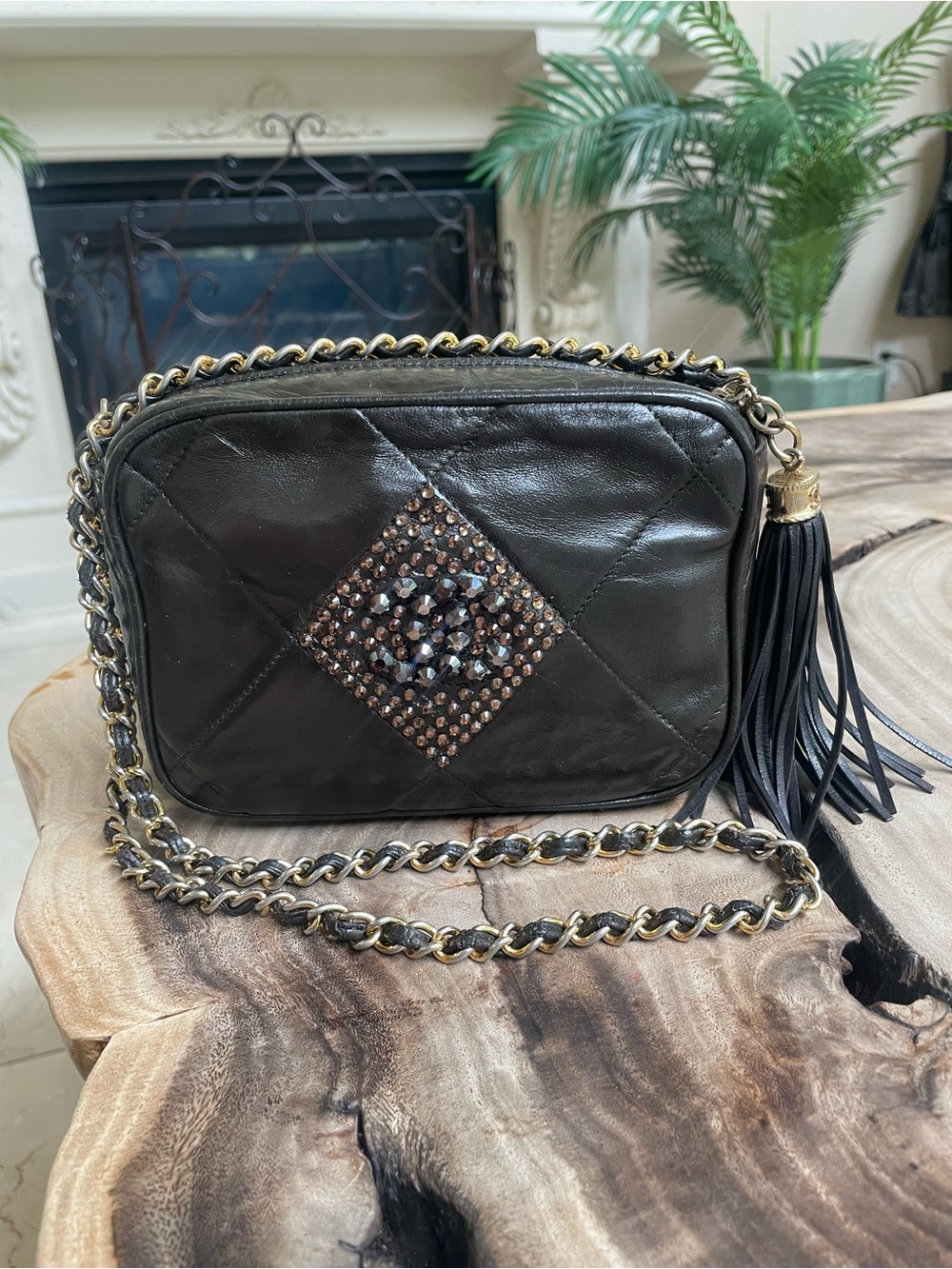 Chanel vintage brown diamond stitch tassel camera bag custom crystal strass